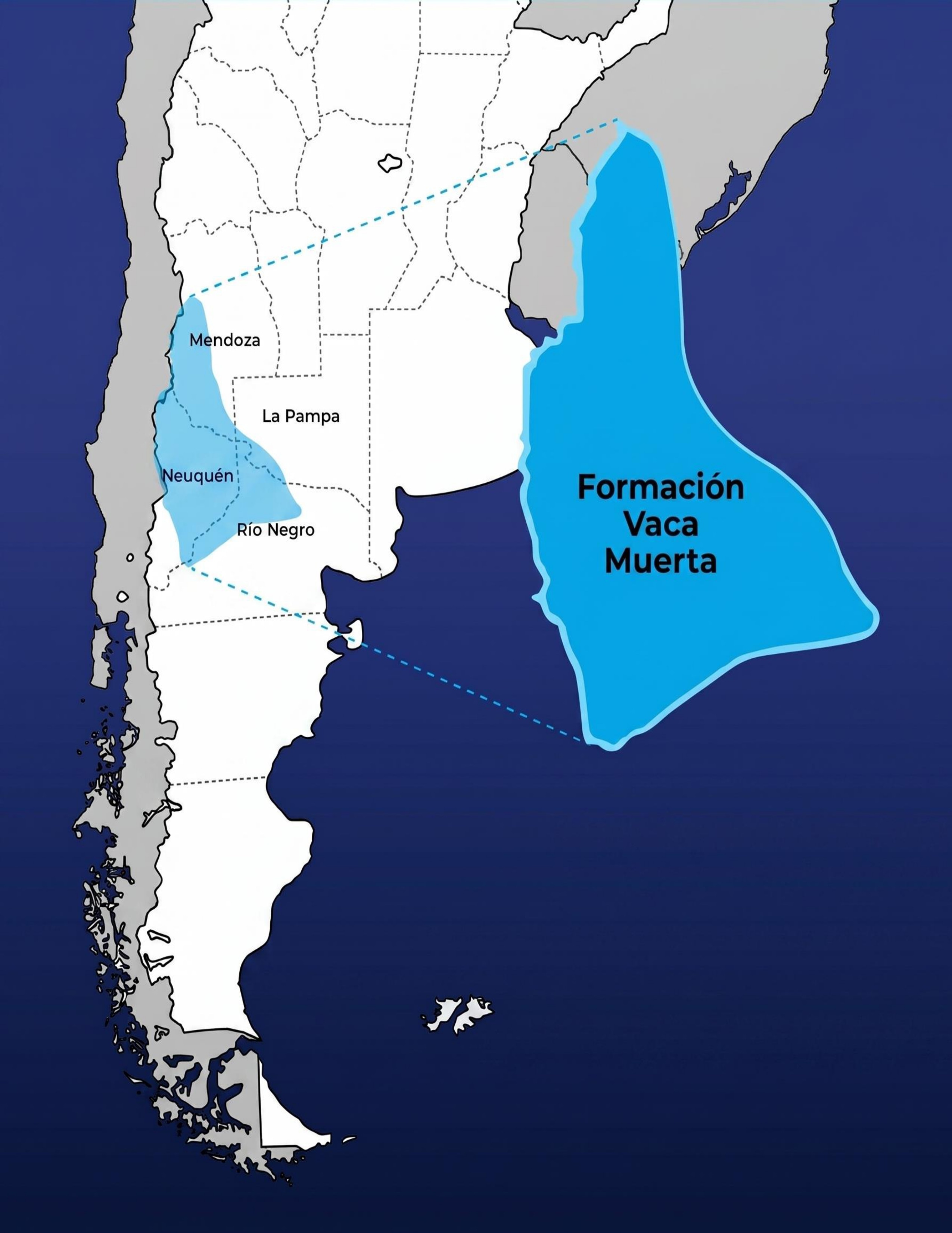 Mapa de Argentina. La formación Vaca Muerta se ubica en el oeste, en Neuquén y provincias limítrofes.